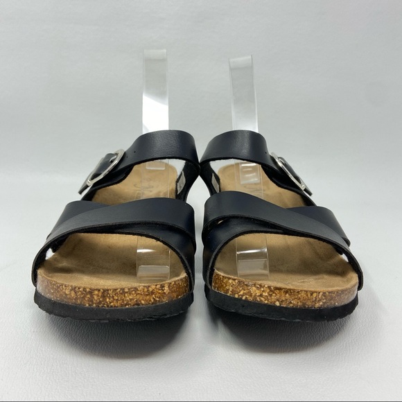 Natural Reflections Black Two Strap Open Toe Wedge Sandals - Picture 7 of 12